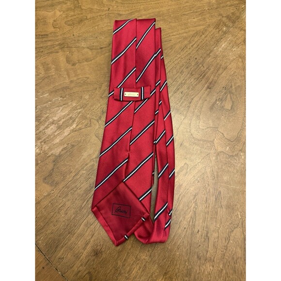BRIONI Red Black White Diagonal Stripes Silk Handmade Italy Neck Tie CHRISTMAS - Picture 3 of 7